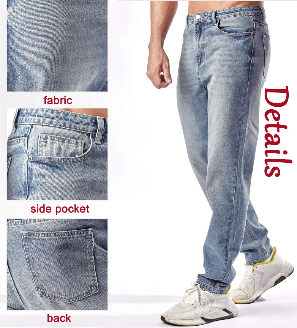 Men's Straight Leg Denim Jeans Male Casual Mid-Waist with Pockets Pants Non-Stretching Outdoor Cotton Fashion Trousers AM-4