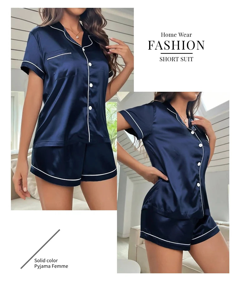 Women's Sleepwear Silk Satin Pajamas Set Button-Down Pyjama Shorts Suit Pijama Femme Loungewear Pj Sets Solid Color Home Clothes