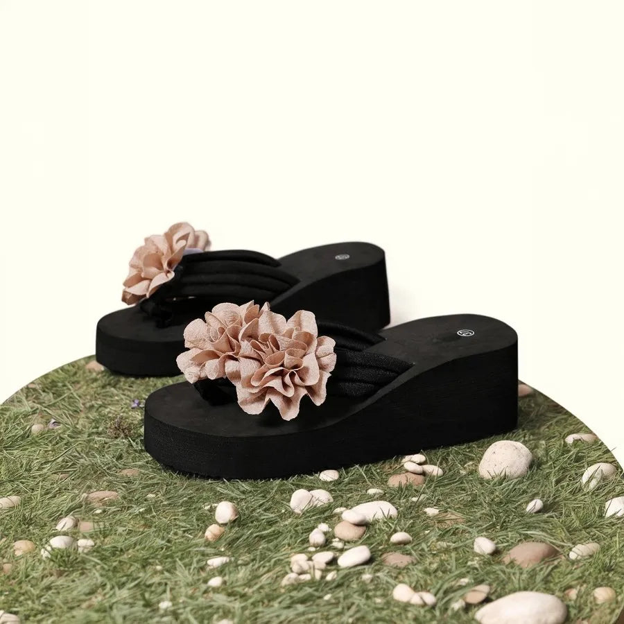 Women's Summer Outdoor Anti-Slip High Heel Sandals Floral Wedge Platform Flip Flops Leisure Style Beach Slippers