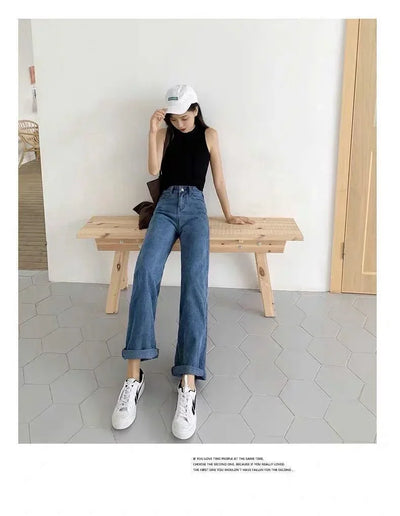 Loose Straight Cylinder Women Jeans High Waist Slimming Long Pants Trendy Cotton Fabric Comfortable Casual Style