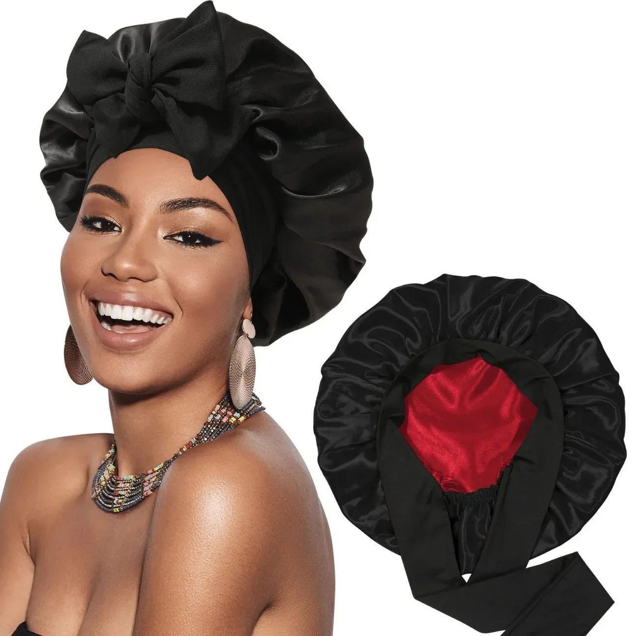 Silk Bonnet for Sleeping Women Satin Bonnet Double Layer Satin Lined Hair Bonnet with Tie Band Curly Hair