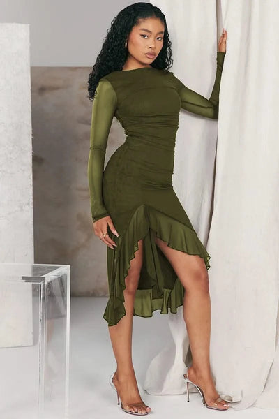 Ruffle Ruched Midi Dress For Women