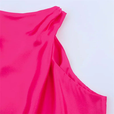 Women's Dress New Summer 2025 Rose Red Silk Satin Textured Sleeveless Midi Dress Asymmetrical Design Elegant temperament