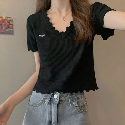 Oversized Summer Short Sleeve T-shirt Women's Foreign Style Versatile Slim Knitted Top Underlay