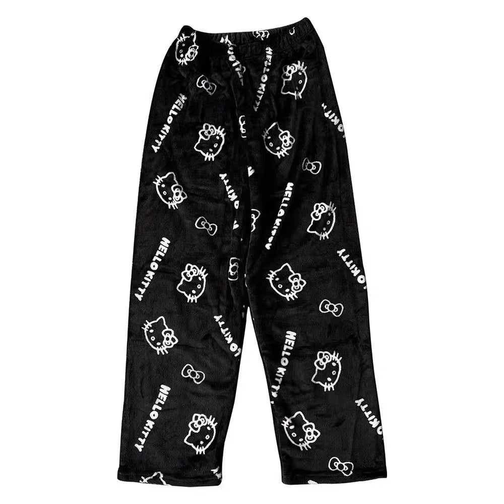 Thicken Hello Kitty Pajama Pants Sanrio Anime Fleece Double Elastic Fabric Soft Trousers Women Trousers Cartoon Birthday Gift