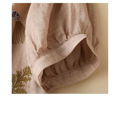 Summer Seven Point Cotton Linen Embroidered Shirt for Women 2024 New Literary Loose Temperament Lapel Casual Top for Women