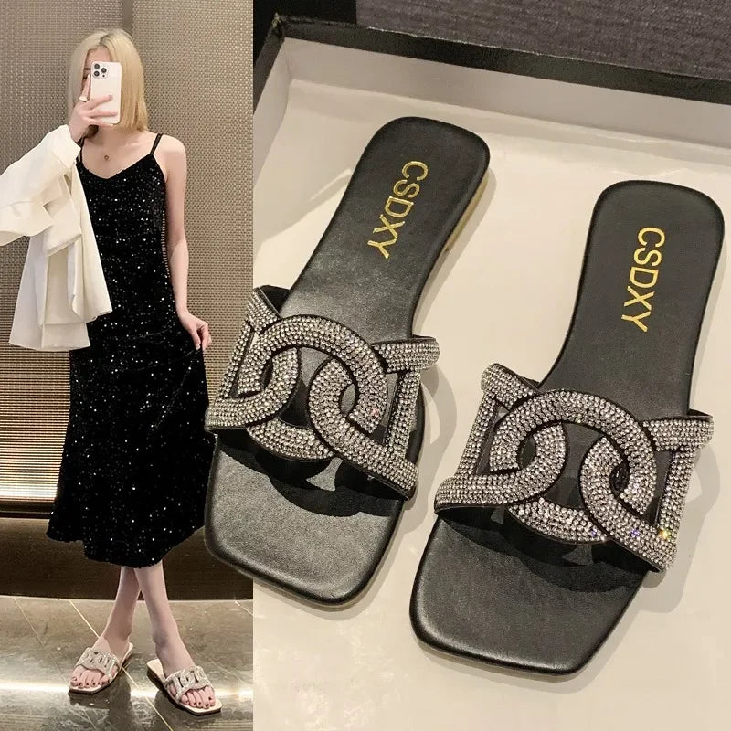 Summer Sandals for Women Flat Sandal Sparkle Rhinestone Slide Trendy Women's Beach Sparkly Dressy Slip on Bling Casual Shoes