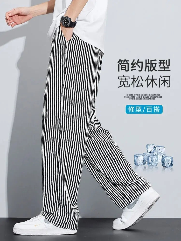 New Men's Trousers with a Sense Design Featuring Unique Stripe Pattern Hanging Wide-leg Loose Straight Casual Long Pants