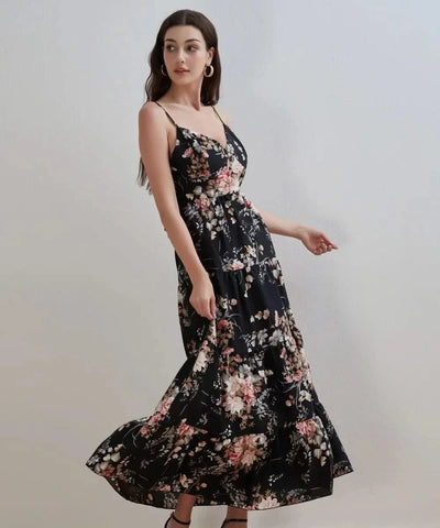 Women's Summer Black Floral V Neck Sleeveless Backless Halter Dress Fashion Elegant Sexy Bow Tie Black Backless Party Dresses