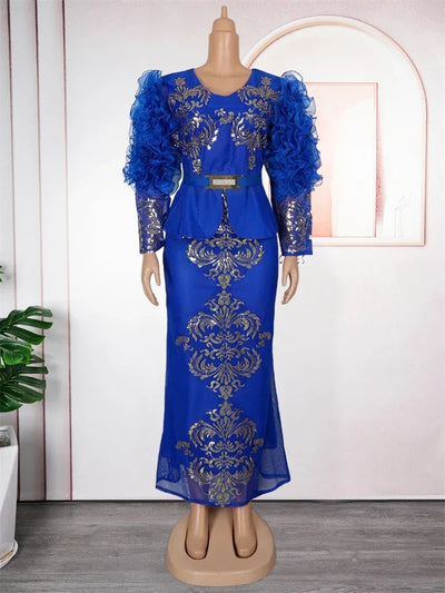 Luxury Wedding Party Evening Dresses For Women African Dashiki Sequin Mermaid Robe Elegant Long Sleeve Dress Africa Clothing