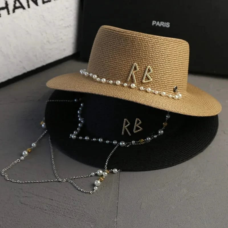 New Women Summer Hats Straw Sun Hat Panama Elegant Straw Fedoras Lady Girl Outdoor Vacation with Pearl Chain Sunshade Beach Hat