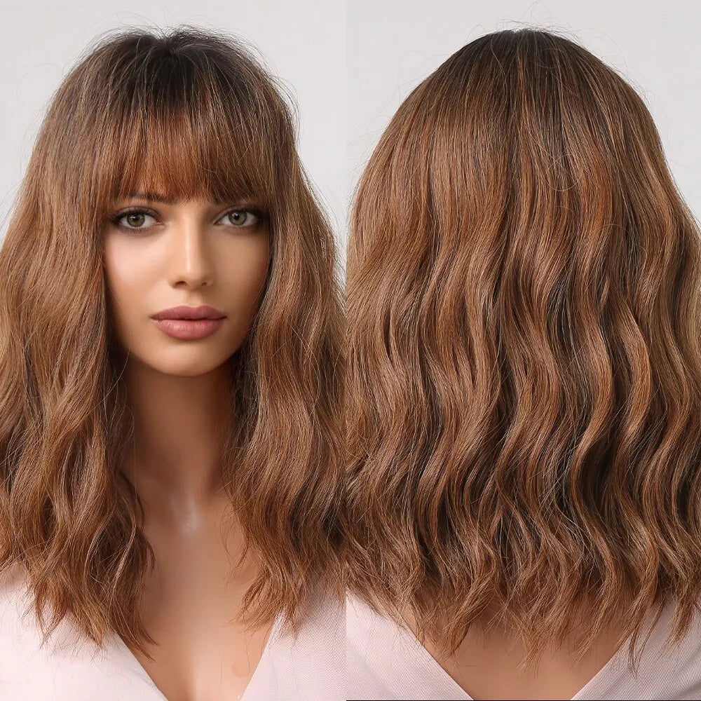 Short Wavy Bob Wigs for Women Dark Brown Bob Natural Synthetic Wig with Bangs for Girl Daily Cosplay Use Heat Resistant