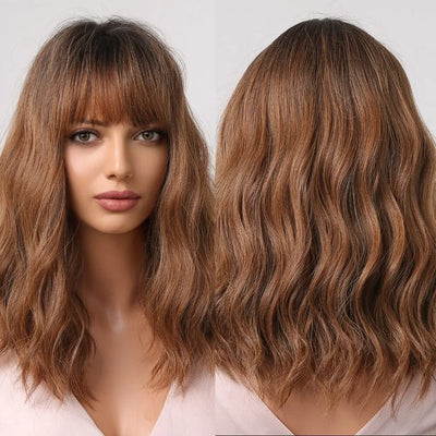 Short Wavy Bob Wigs for Women Dark Brown Bob Natural Synthetic Wig with Bangs for Girl Daily Cosplay Use Heat Resistant