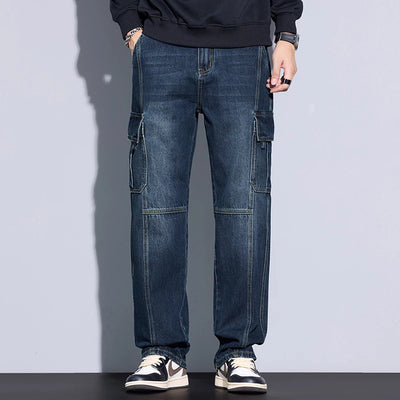 Men's 97% Cotton Straight Cargo Jeans Trendy Multi-pocket Nostalgic Loose Trousers Man American Vintage Fashion Denim Pants
