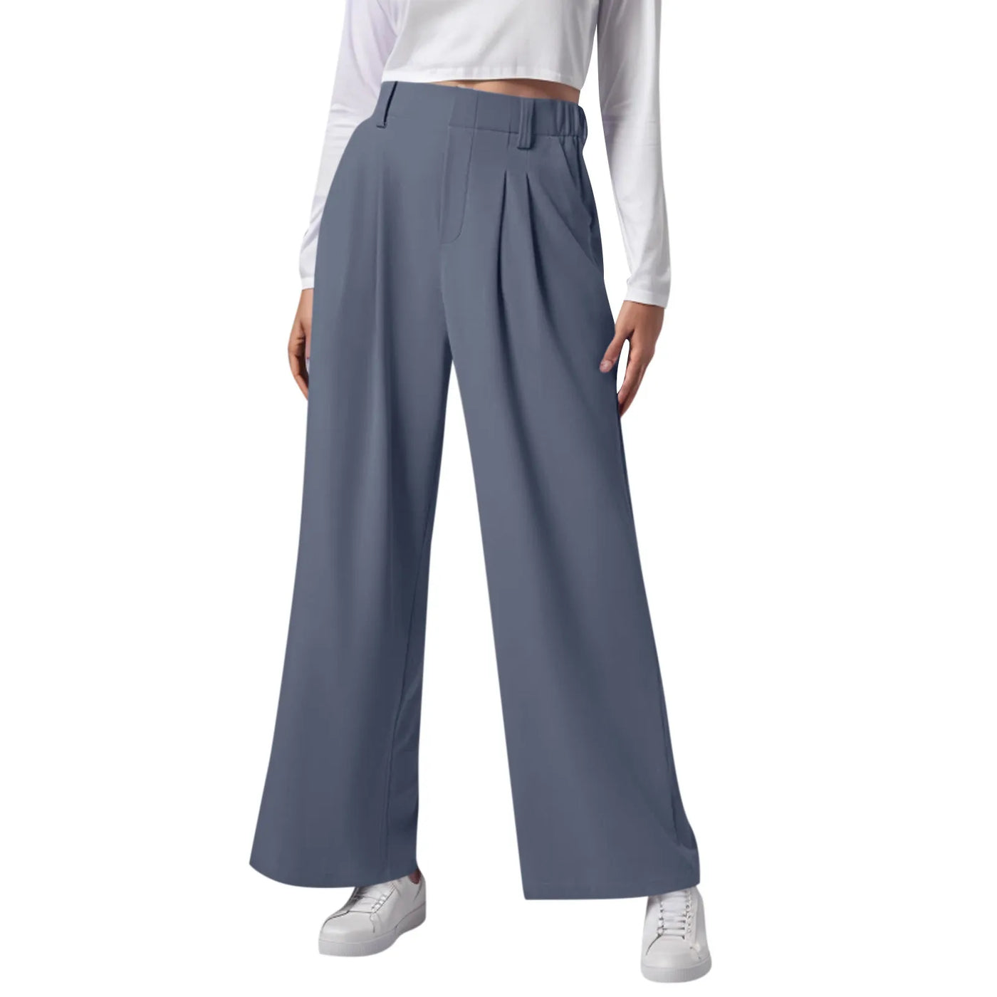 Wide Leg Pants Elastic High Waist Casual And Versatile Suit Pants For Female Simple Fashion Nine Length Trousers With Pockets