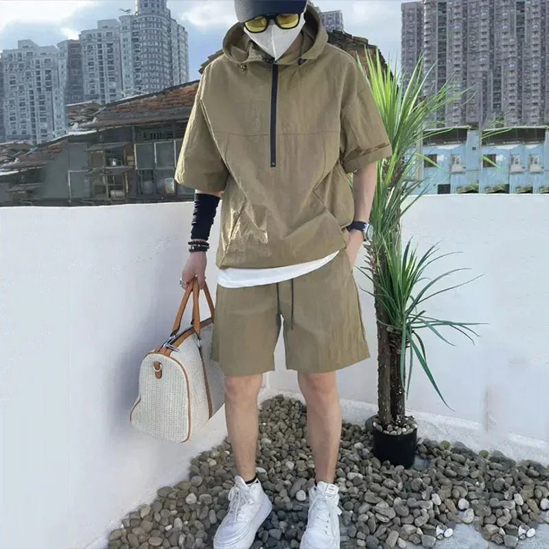 Summer Sweatsuit Sets Men Casual Hoodie T-shirt Short Sleeve Quick Dry Shorts Sports Suits Summer Outdoor Thin Cool Workwear Set