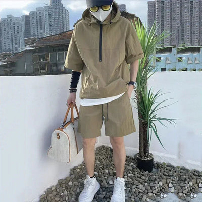 Summer Sweatsuit Sets Men Casual Hoodie T-shirt Short Sleeve Quick Dry Shorts Sports Suits Summer Outdoor Thin Cool Workwear Set