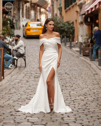 Elegant Off The Shoulder Soft Satin Sheath/Mermaid Plus Size Wedding Dresses Side Slit Detachable Train Formal Bridal Grown 2025