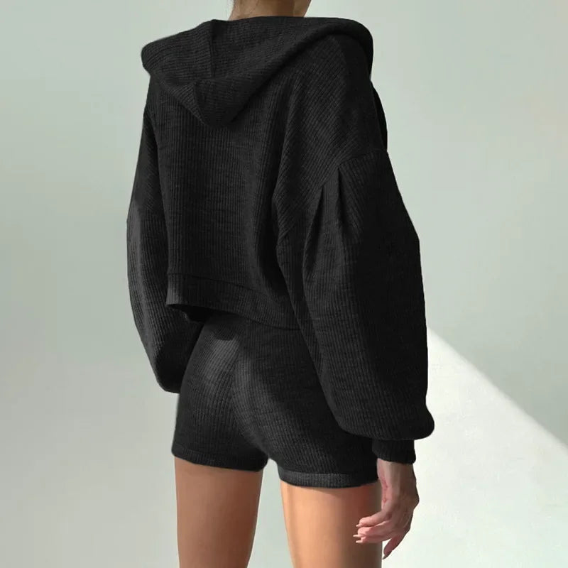 Solid Sport 3 Piece Set Crop Vest Hoodie Tracksuit Women Casual Sweatshirt Coat Mini Short Matching Set Sportswear 3 PCS Outfit