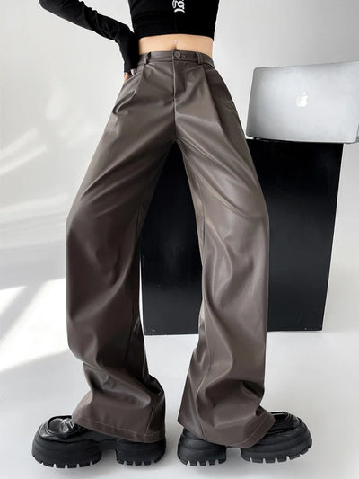 Women's Wide Leg Pants PU Straight Pants Autumn New Fashion Pantalones Mujer Solid Black Brown Leather Pants Women Streetwear