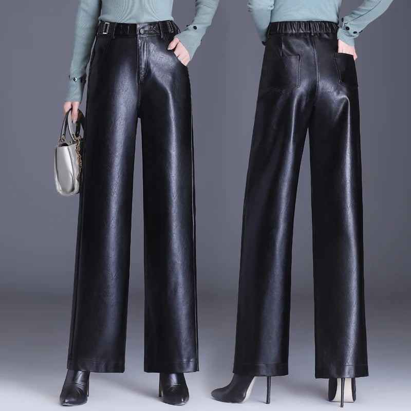 Women  Wide Leg PU Leather Pants  Autumn Winter Fashion Warm Long Pants Back Elastic Waist  Straight Elegant  Leather Trousers