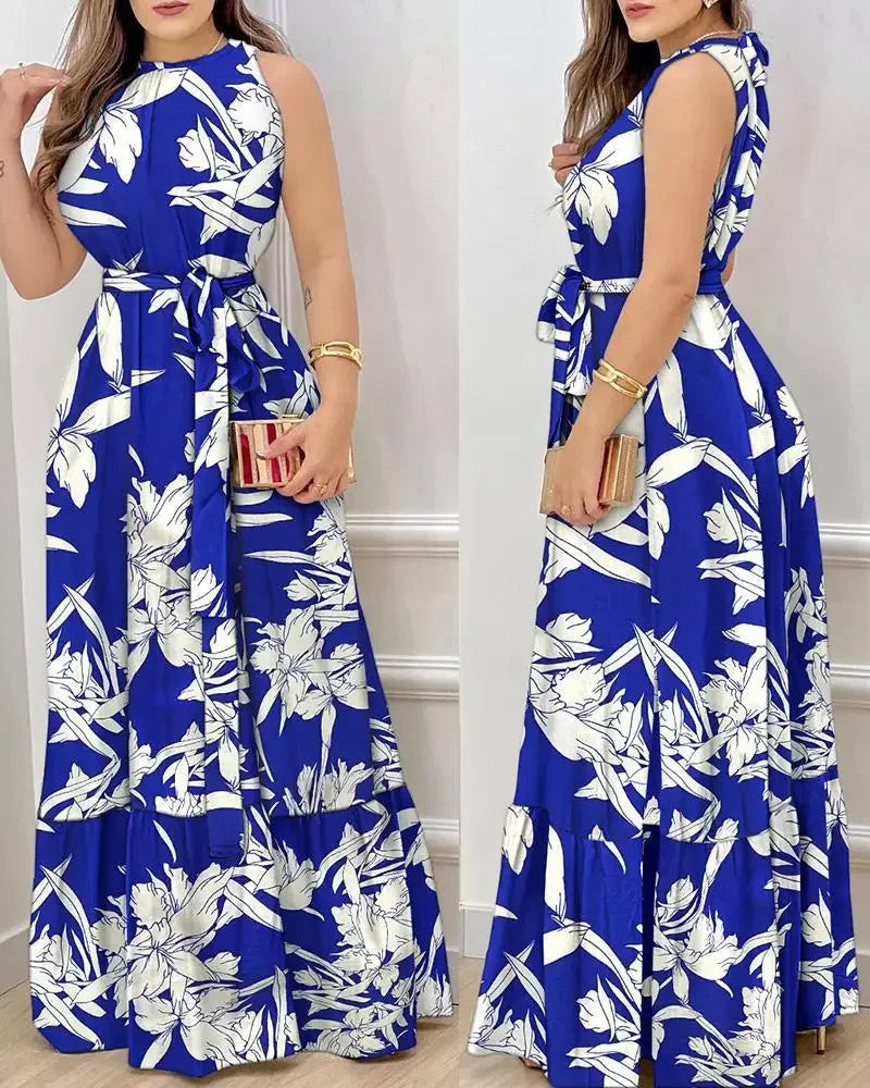 2025 Women's Elegant Floral Print Long Dresses Spring Summer Lace up Print Strap Dress Holiday Beach Female Robe Vesido Mujer