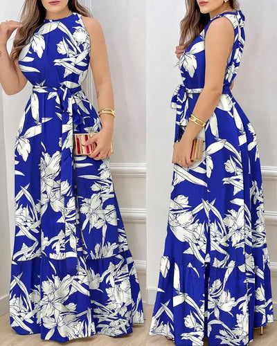 2025 Women's Elegant Floral Print Long Dresses Spring Summer Lace up Print Strap Dress Holiday Beach Female Robe Vesido Mujer