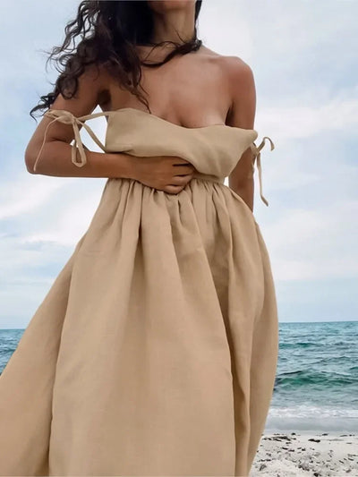 Cotton Linen Solid Color Spaghetti Strap Dresses Women Fashion Leace-up V-neck Backless Beach Vacation Long Dress Female New