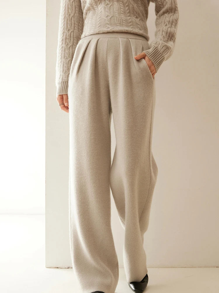 ADDONEE Women 100% Cashmere Pants Pleated Waist Wide Leg Pants Casual Simple Style Autumn Winter Cashmere Knit Trousers Luxury
