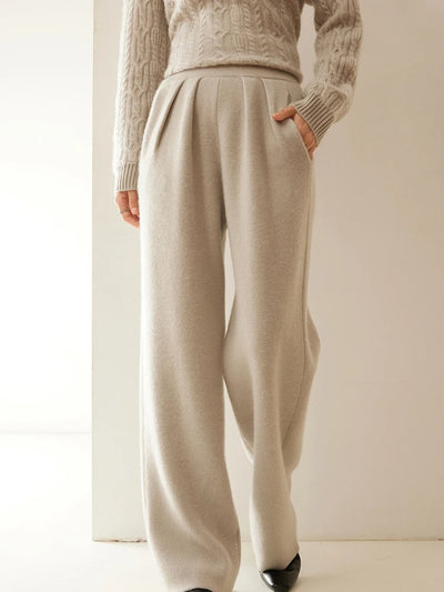ADDONEE Women 100% Cashmere Pants Pleated Waist Wide Leg Pants Casual Simple Style Autumn Winter Cashmere Knit Trousers Luxury