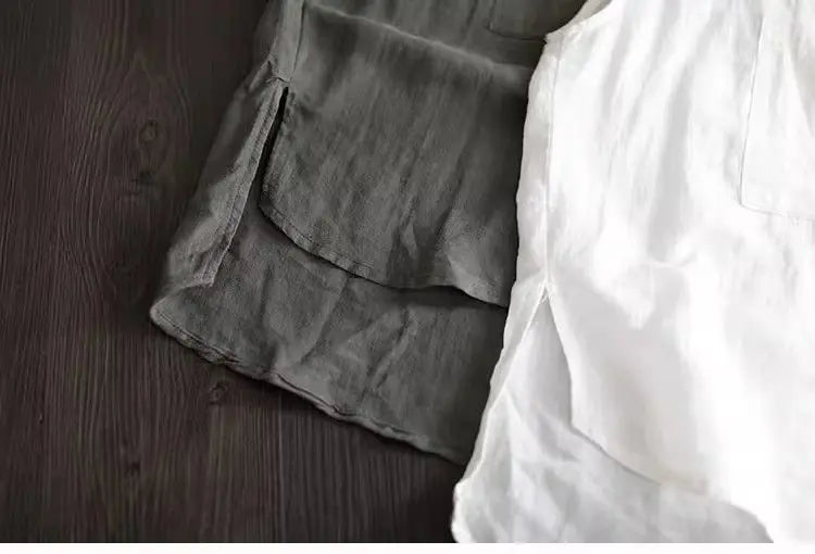 Artistic Style Cotton Linen Short Sleeves Shirt for Women Summer Solid Loose Stand Collar Temperament Top Fashion Women Clothing