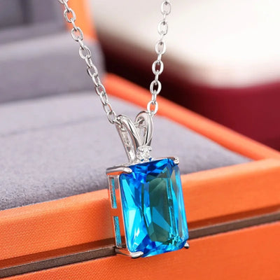 Huitan Luxury Solitaire Blue CZ Square Pendant Necklace for Women Modern Design Temperament Lady's Accessories Wedding Jewelry