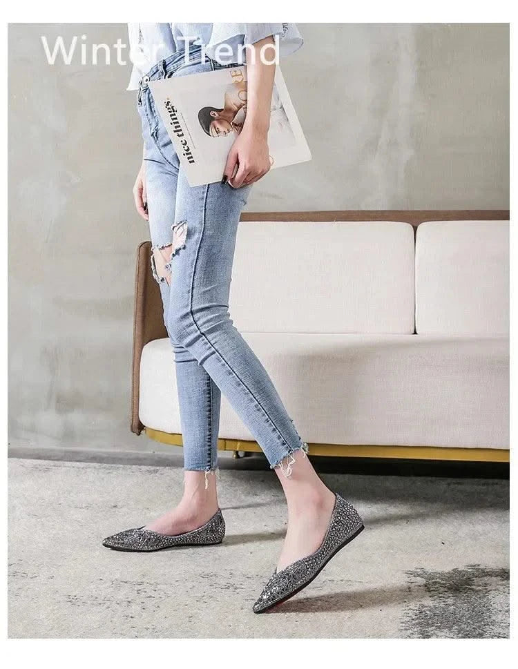 Women's Ballet Rhinestones Flats Female Plus Size 43 Slip on Boat Shoes Chaussure