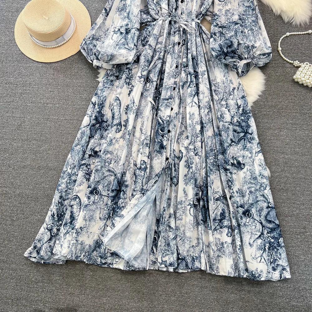 Retro Elegant Sashes O Neck Single Breasted Print Dresses Long Lantern Sleeves A-line Casual High Waist Women Autumn Clothing
