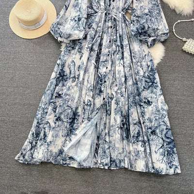 Retro Elegant Sashes O Neck Single Breasted Print Dresses Long Lantern Sleeves A-line Casual High Waist Women Autumn Clothing