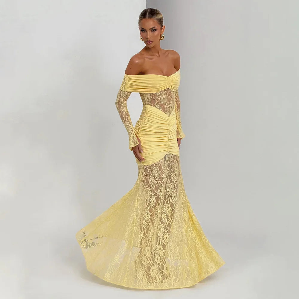 Woman Clothing Lace Patchwork Evening Dress 2025 Autumn Sexy Slash Neck Long Sleeve Folds Party Gown Lady Long Maxi Prom Dresses