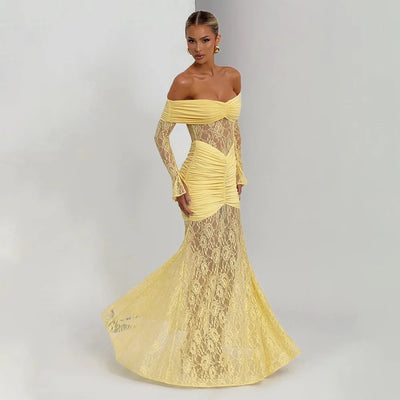 Woman Clothing Lace Patchwork Evening Dress 2025 Autumn Sexy Slash Neck Long Sleeve Folds Party Gown Lady Long Maxi Prom Dresses
