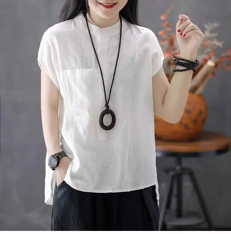 Artistic Style Cotton Linen Short Sleeves Shirt for Women Summer Solid Loose Stand Collar Temperament Top Fashion Women Clothing