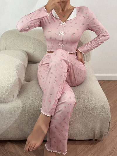 European and American hot-selling loungewear printed trousers long sleeves can be worn outside women's pajamas two-piece set