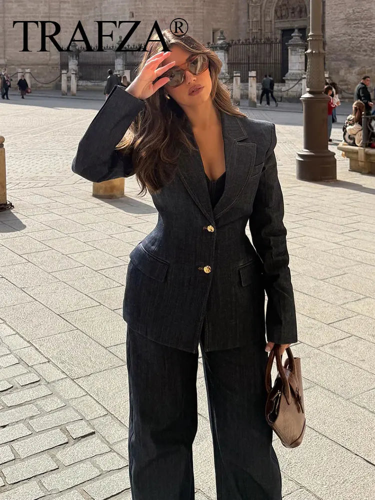 TRAFZA 2025 Spring Women Fashion Denim Blazer  Long Sleeves Tight Coat Female Vintage Streetwear Woman Jacket Top Trendy