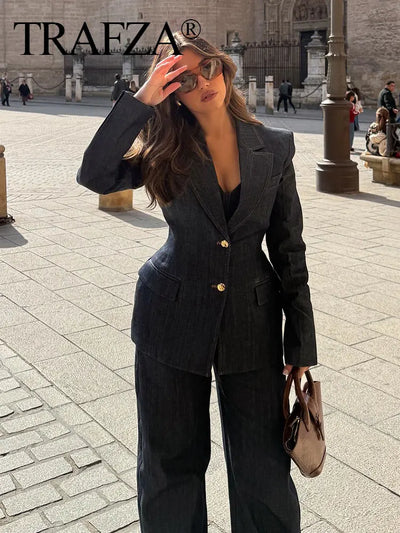 TRAFZA 2025 Spring Women Fashion Denim Blazer  Long Sleeves Tight Coat Female Vintage Streetwear Woman Jacket Top Trendy