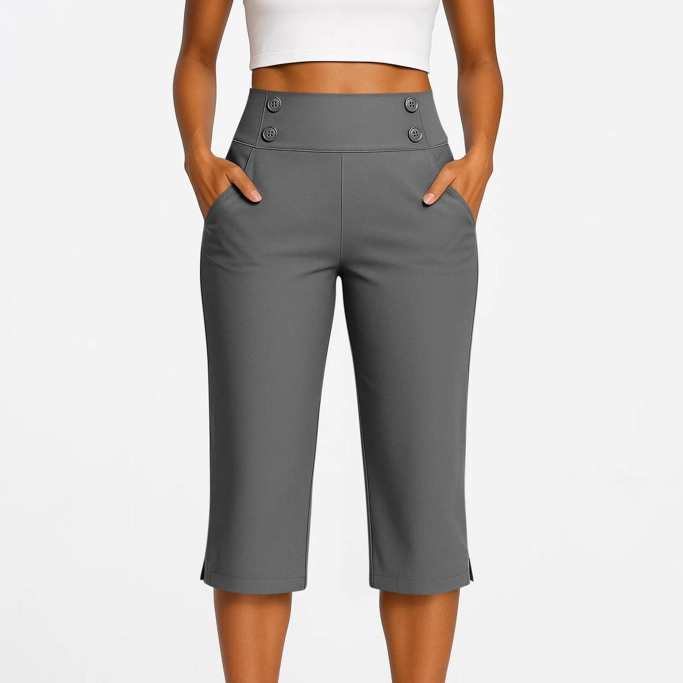 Women Elastic High Waist 3/4 Pant Casual Active Fit Wide Capris Leg Pants Trousers With Pockets Pants Woman брюки женские