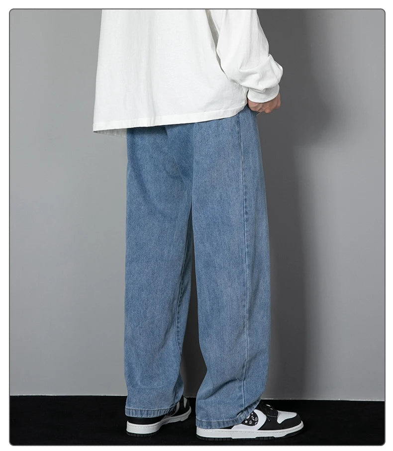 2025 New Korean Men's Casual Long Jeans Classic Man Straight Denim Wide-leg Pants Solid Color Light Blue Grey Black
