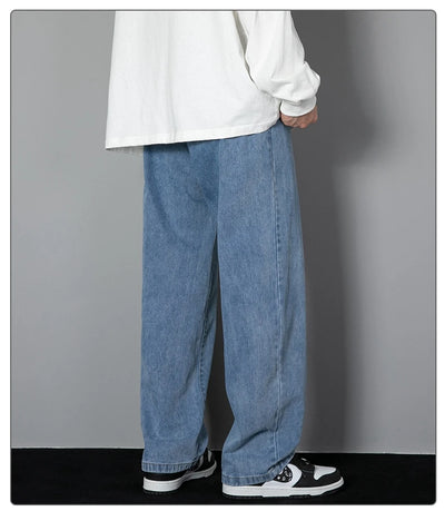 2025 New Korean Men's Casual Long Jeans Classic Man Straight Denim Wide-leg Pants Solid Color Light Blue Grey Black