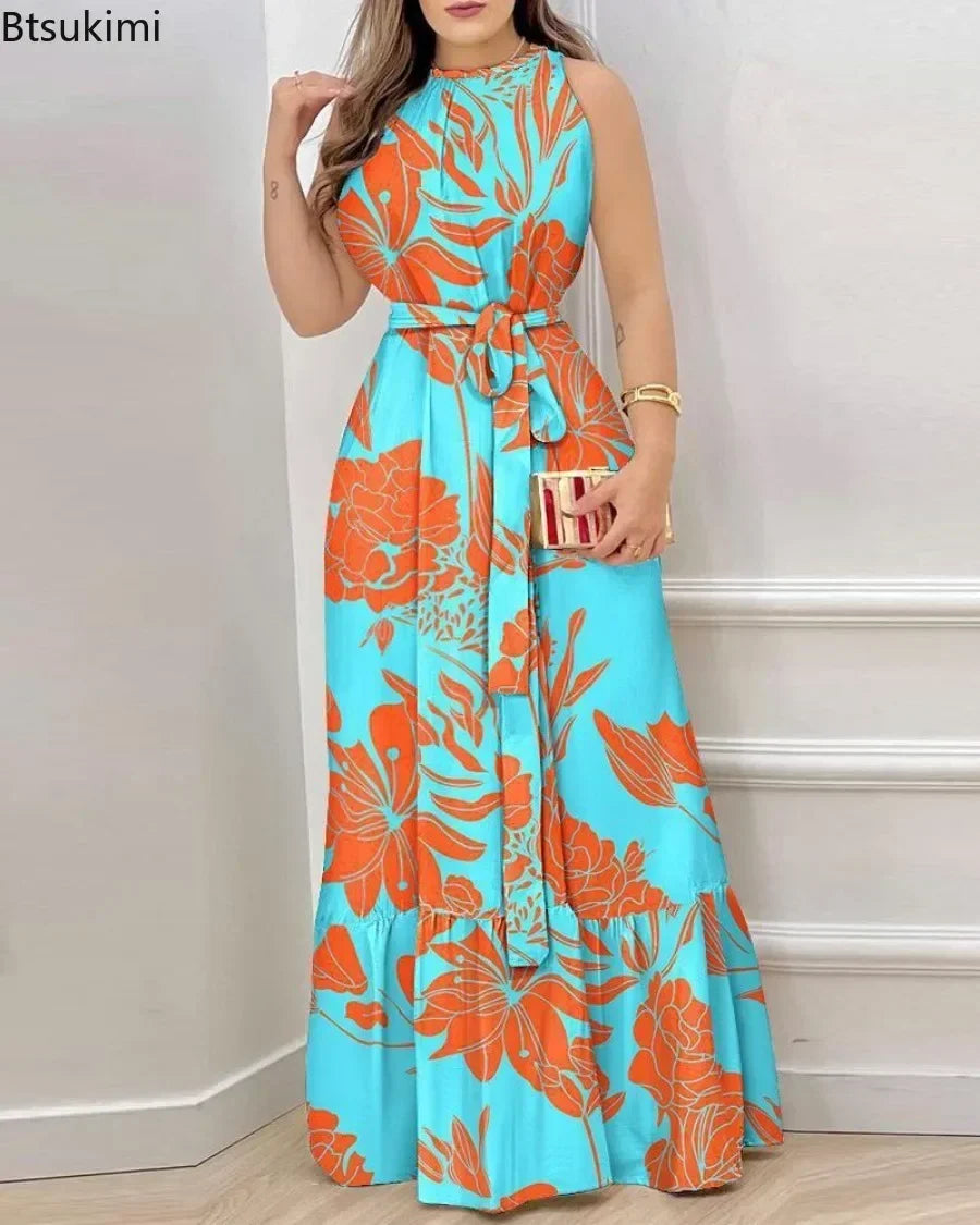 2025 Women's Elegant Floral Print Long Dresses Spring Summer Lace up Print Strap Dress Holiday Beach Female Robe Vesido Mujer