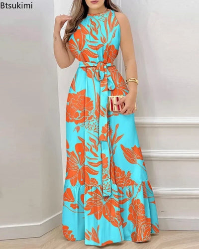 2025 Women's Elegant Floral Print Long Dresses Spring Summer Lace up Print Strap Dress Holiday Beach Female Robe Vesido Mujer