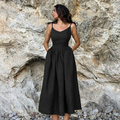 Cotton Linen Solid Color Spaghetti Strap Dresses Women Fashion Leace-up V-neck Backless Beach Vacation Long Dress Female New