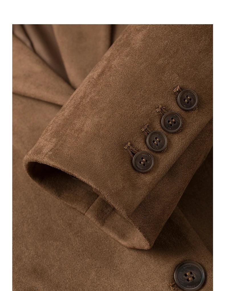 TOYOUTH Women Blazer 2025 Autumn New Barn Style Retro Brown Suede Lightweight Lapel Collar Single Breasted Button Suit Coat