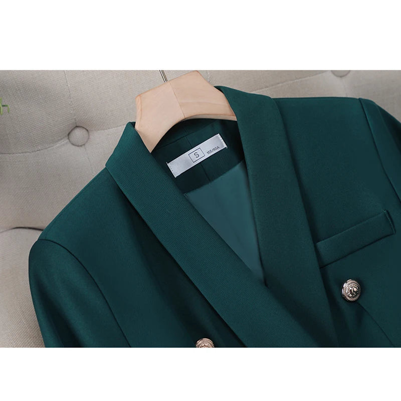 High Quality Suit Office Casual Two Piece Set Spring Autumn Women Double Breasted Blazers+Straight Zipper Trousers Women Outfit