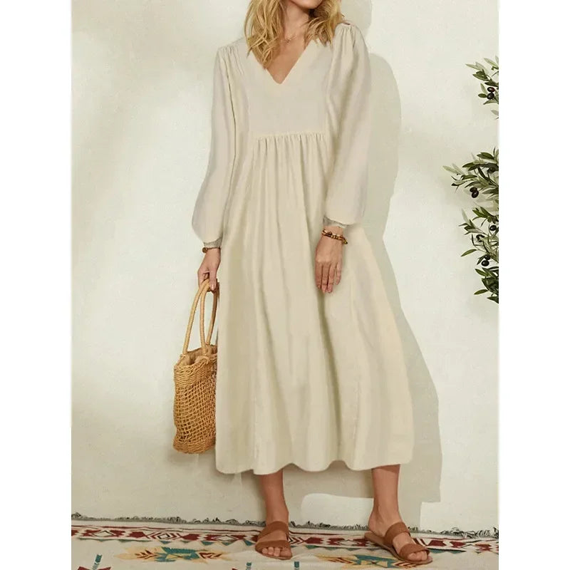 Women's fashion European and American dress Women's clothing Cotton linen loose lantern sleeves